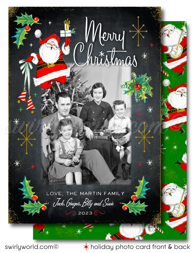 Elevate your holiday greetings with our enchanting Family Holiday Photo Card featuring a captivating 1950s vintage Santa Claus motif exquisitely designed on a charming MCM style background adorned with starbursts and holly.