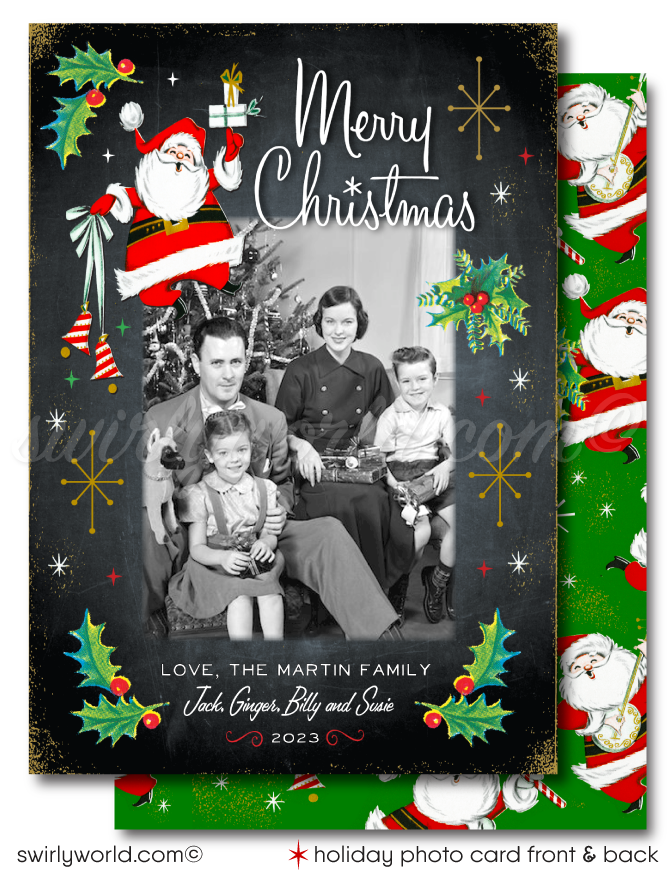 Spread holiday cheer with our retro Family Photo Card! Mid-century modern design with atomic starbursts, a mod chair with gifts, and customizable text.