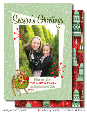 Elevate your holiday greetings with our enchanting woodland deer Family Holiday Photo Card featuring a captivating 1960s vintage motif exquisitely designed on a charming MCM style background adorned with starbursts.