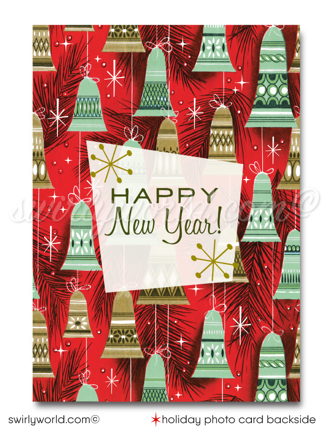 Elevate your holiday greetings with our enchanting woodland deer Family Holiday Photo Card featuring a captivating 1960s vintage motif exquisitely designed on a charming MCM style background adorned with starbursts.