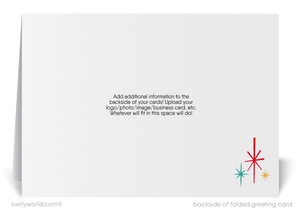 Retro Modern Happy New Year Card with Fireworks, Champagne Glasses, and Festive 1950s-1960s Style Typography