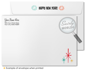 Retro Modern Happy New Year Card with Fireworks, Champagne Glasses, and Festive 1950s-1960s Style Typography