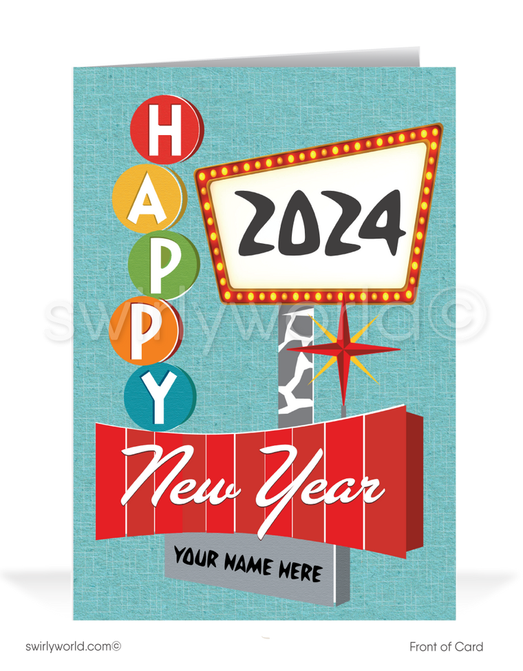 2024 Retro Atomic Fifties Sign Mid-Century Modern Happy New Year Greeting Cards