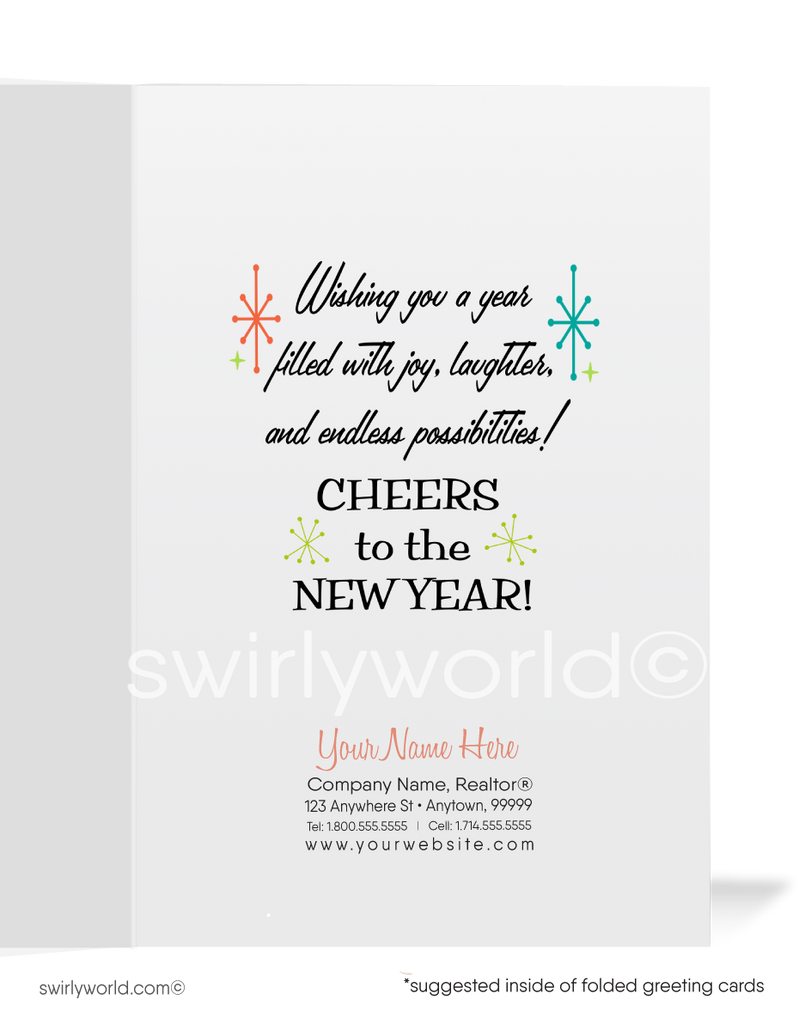 Retro Mid-Century Modern Happy New Year Card with Martini Glasses, Mod Bottles, and Atomic Starburst Design