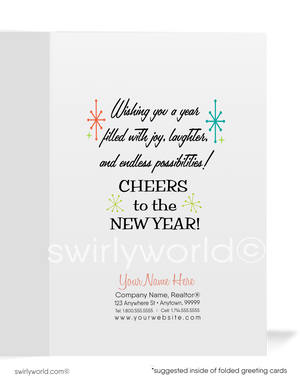 Retro Mid-Century Modern Happy New Year Card with Martini Glasses, Mod Bottles, and Atomic Starburst Design