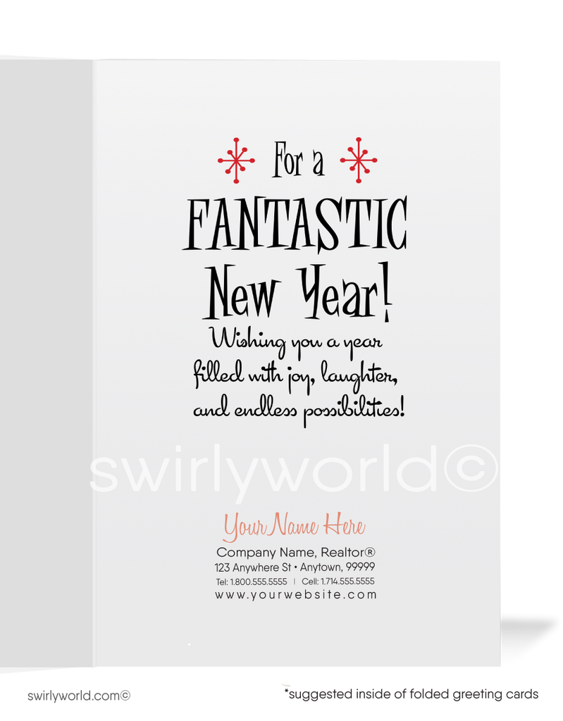 Retro Mid-Century Modern Happy New Year Card with Martini Glass, "Cheers" Text, and Atomic Starburst Design on Red Backdrop