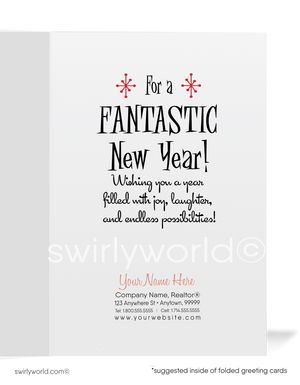 Retro Mid-Century Modern Happy New Year Card with Martini Glass, "Cheers" Text, and Atomic Starburst Design on Red Backdrop