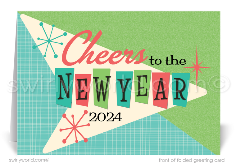 Cheers to the New Year! 2024 Atomic Mid-Century Retro Happy New Year Greeting Cards