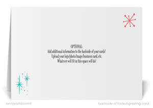 Retro Mid-Century Modern Happy New Year Card – 1950s-60s Atomic Era Design with Starbursts & Festive Snowflakes