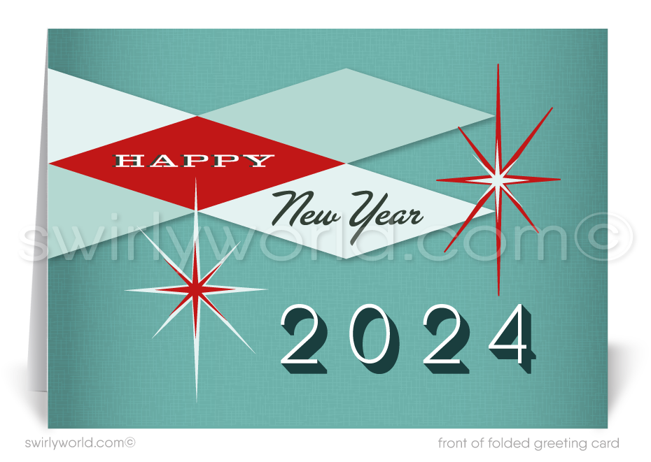 2024 Atomic Starburst Mid-Century Retro Modern Vintage Happy New Year Cards