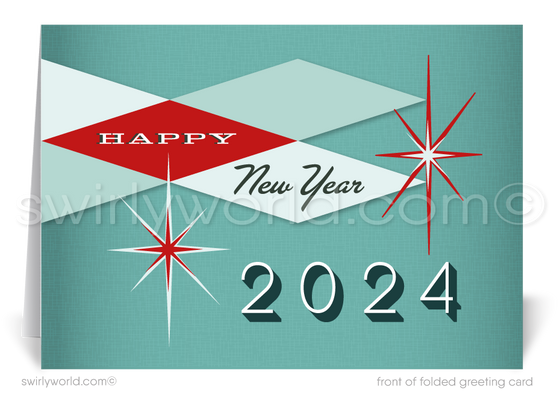 2024 Atomic Starburst Mid-Century Retro Modern Vintage Happy New Year Cards