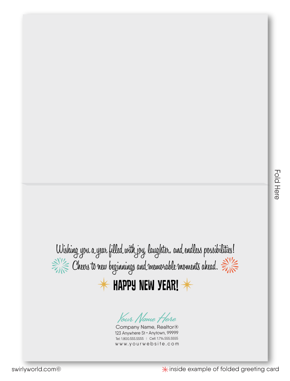 Ring in the New Year with Retro Modern Cards! 1950s-60s style, festive fireworks, champagne glasses, and bold retro typography on a dark, elegant backdrop.