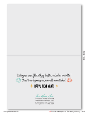 Retro Modern Happy New Year Card with Fireworks, Champagne Glasses, and Festive 1950s-1960s Style Typography