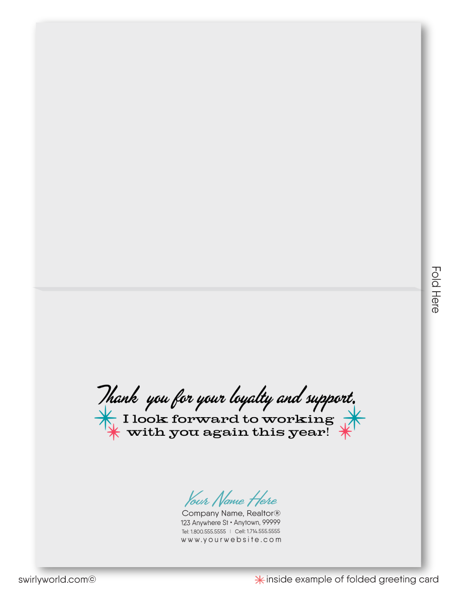 Celebrate 2025 with retro charm! This Mid-Century Modern New Year card features a dapper gentleman and bold red "2025" typography, perfect for atomic era fans.