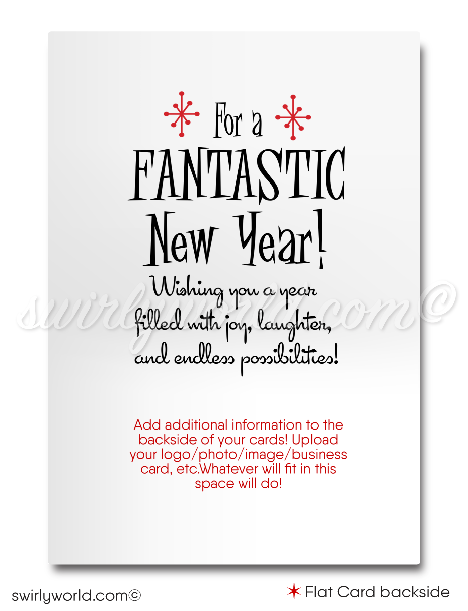 Mid-Century Modern Happy New Year Card – Retro Digital Download with Martini Glass Motif, Atomic Starbursts, & Bold 1950s-1960s Typography
