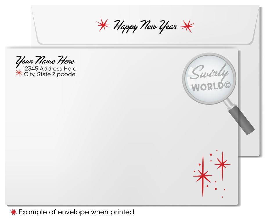 Retro Mid-Century Modern Happy New Year Card with Martini Glass, "Cheers" Text, and Atomic Starburst Design on Red Backdrop