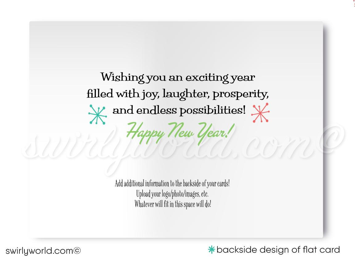 Retro Mid-Century Modern Happy New Year Card – Digital Download with Customizable MCM Boomerang Motif & Starbursts in Classic Atomic Colors