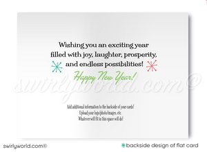 Retro Mid-Century Modern Happy New Year Card – Digital Download with Customizable MCM Boomerang Motif & Starbursts in Classic Atomic Colors