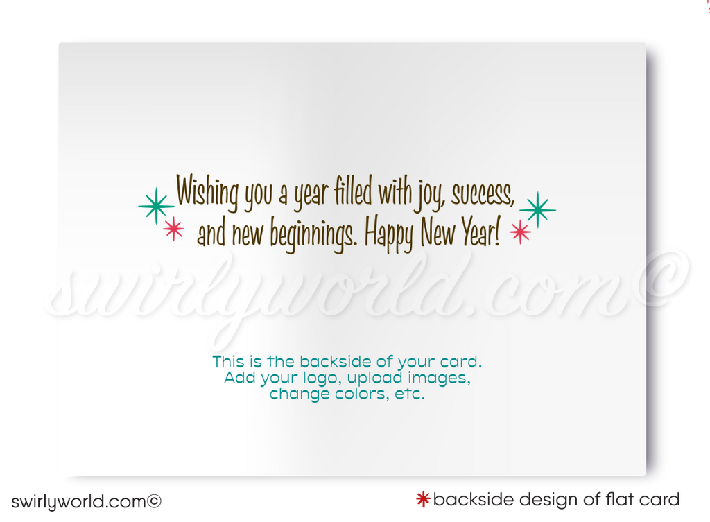 Mid-Century Modern Happy New Year Card – Customizable Retro Digital Download with Atomic Starbursts & Bold Red Typography