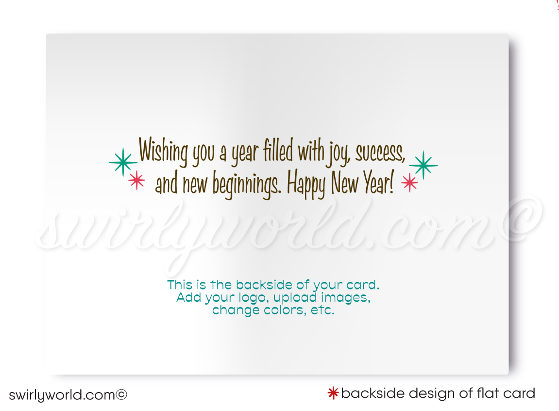 Celebrate 2025 in atomic style! Retro Mid-Century Modern Happy New Year Card with bold red typography, starbursts, and full customization via Corjl.