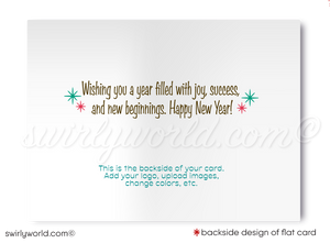 Mid-Century Modern Happy New Year Card – Customizable Retro Digital Download with Atomic Starbursts & Bold Red Typography