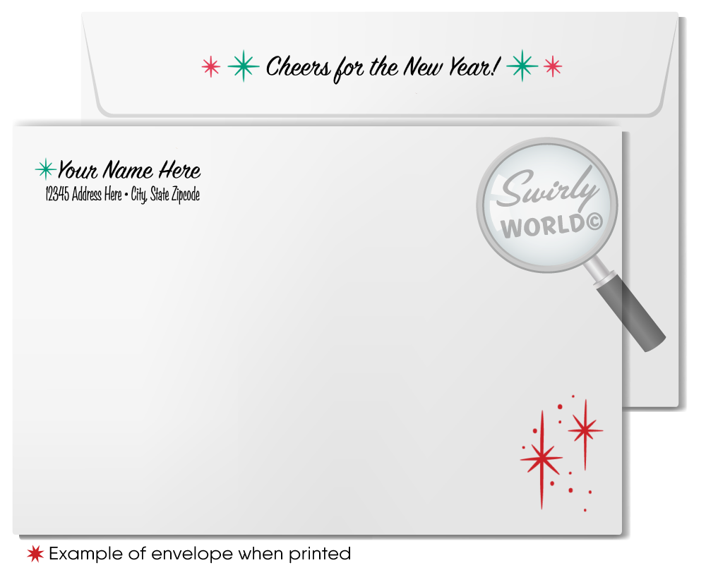 Mid-Century Modern Happy New Year Card – Customizable Retro Digital Download with Atomic Starbursts & Bold Red Typography