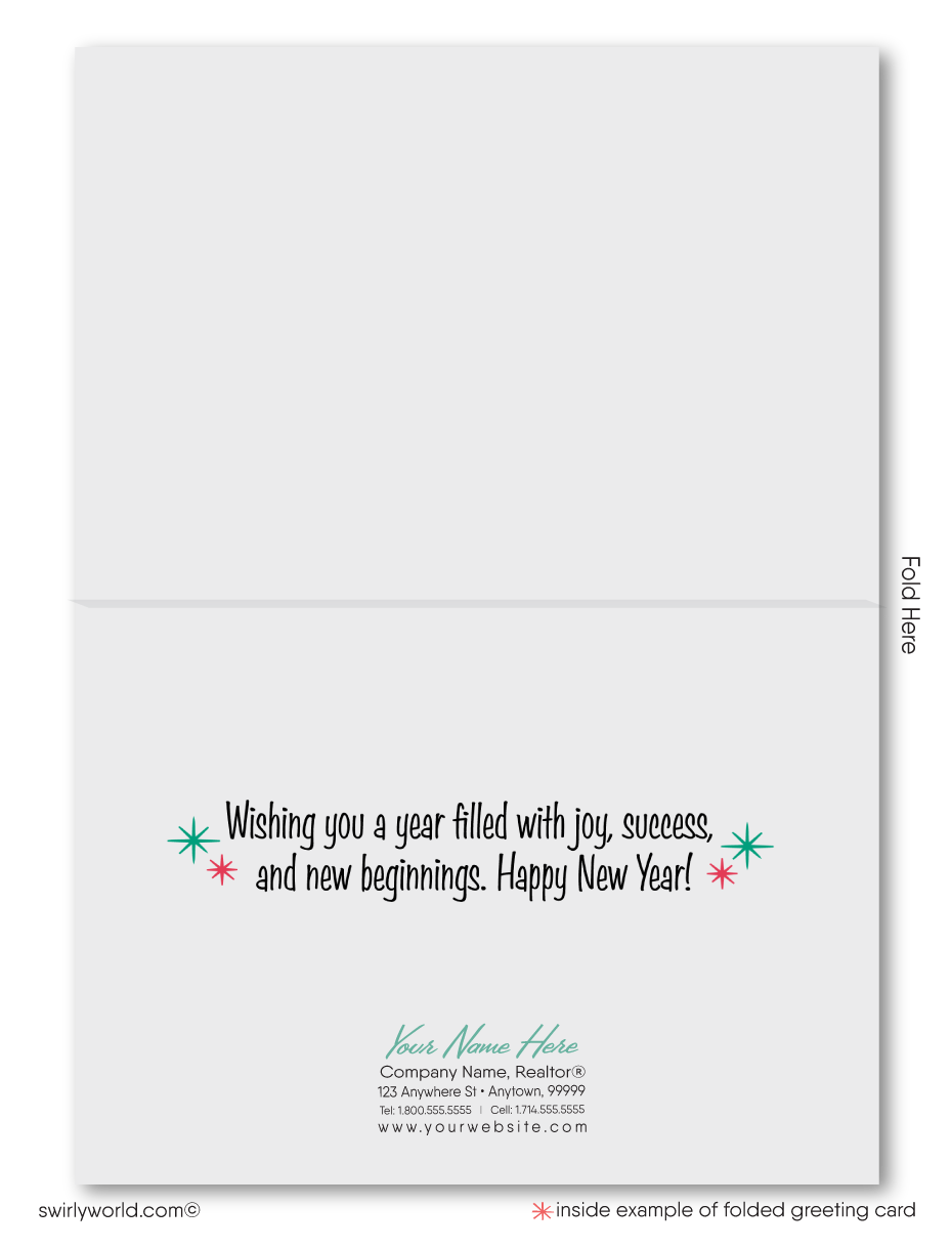 Retro Mid-Century Modern Happy New Year Card with Vintage Metal Sign Design and Atomic Starbursts