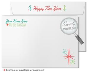 Retro Mid-Century Modern Happy New Year Card – Digital Download with Customizable MCM Boomerang Motif & Starbursts in Classic Atomic Colors