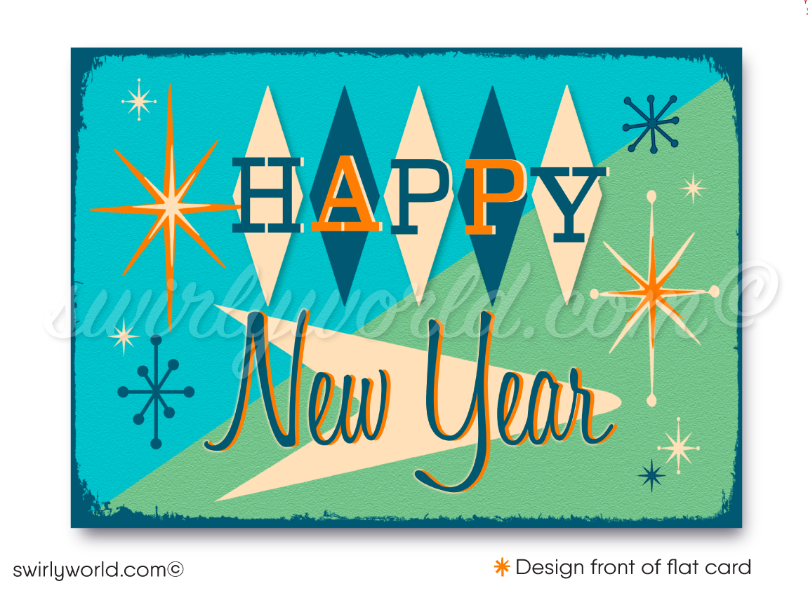 Ring in 2025 with retro flair! Mid-Century Modern Happy New Year Card featuring cool blue & green MCM motifs, starbursts, and customizable designs.