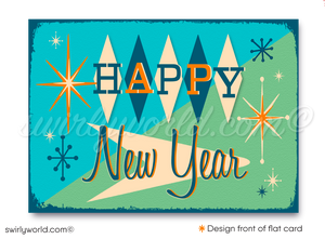 Ring in 2025 with retro flair! Mid-Century Modern Happy New Year Card featuring cool blue & green MCM motifs, starbursts, and customizable designs.