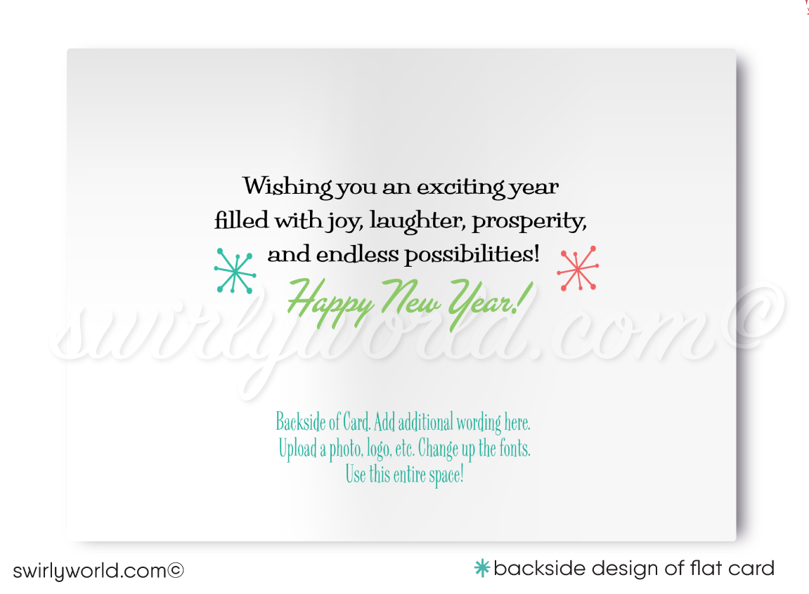 Ring in 2025 with a retro touch! Mid-Century Modern Happy New Year Card featuring MCM motifs, starbursts, and classic colors. Fully customizable via Corjl!