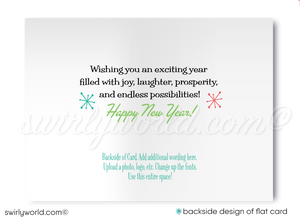 Mid-Century Modern Happy New Year Card – Retro Digital Download with MCM Motifs, Starbursts, Ornaments & Customizable Classic Colors in Green, Aqua, and Red