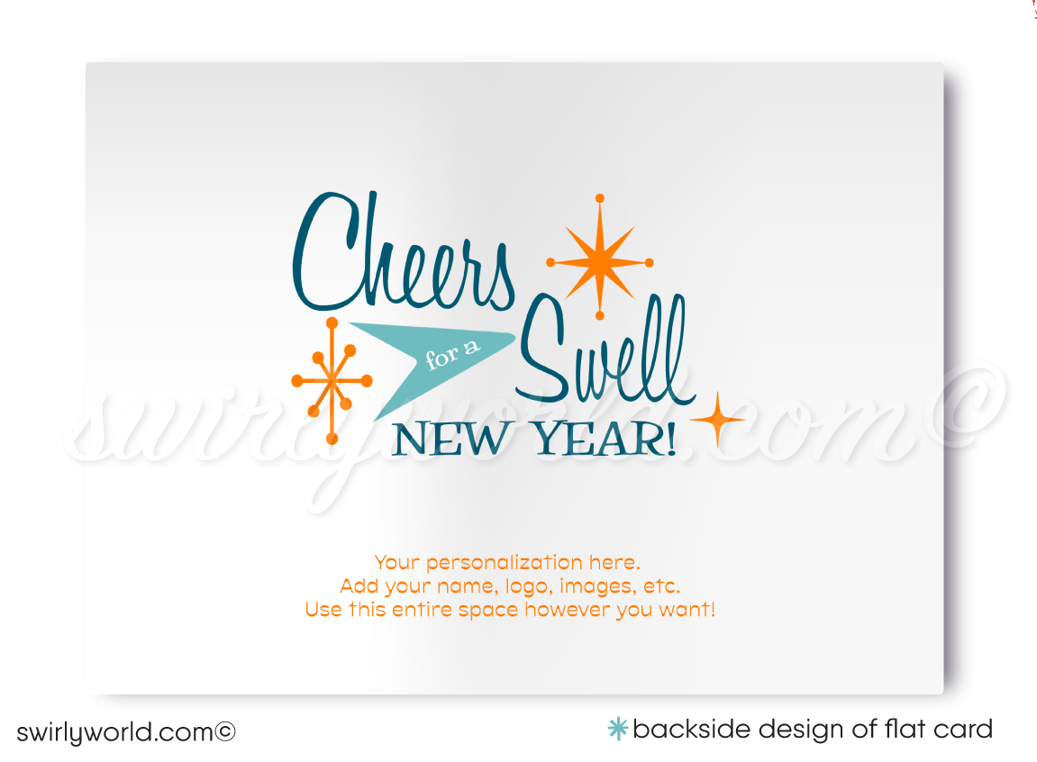 Ring in 2025 with retro flair! Mid-Century Modern Happy New Year Card featuring cool blue & green MCM motifs, starbursts, and customizable designs.
