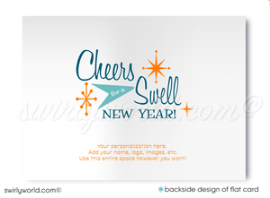 Mid-Century Modern Happy New Year Card – Digital Download with Customizable MCM Motifs, Cool Blue & Green Tones, Geometric Shapes, & Starbursts