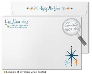 Mid-Century Modern Happy New Year Card – Digital Download with Customizable MCM Motifs, Cool Blue & Green Tones, Geometric Shapes, & Starbursts
