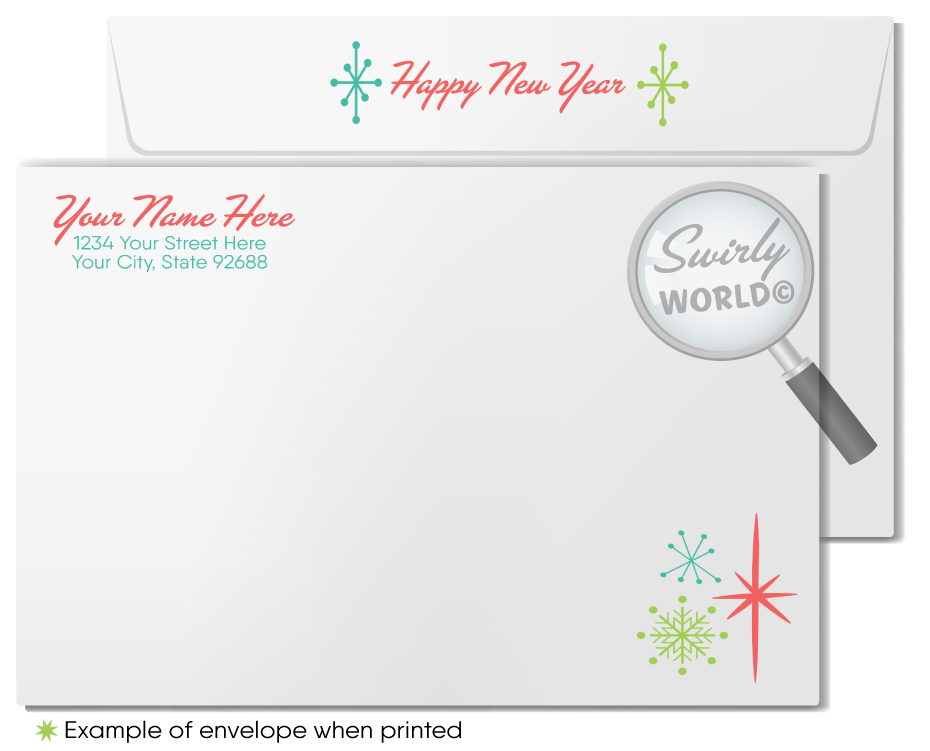 Mid-Century Modern Happy New Year Card – Retro Digital Download with MCM Motifs, Starbursts, Ornaments & Customizable Classic Colors in Green, Aqua, and Red