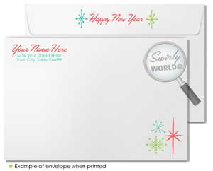 Mid-Century Modern Happy New Year Card – Retro Digital Download with MCM Motifs, Starbursts, Ornaments & Customizable Classic Colors in Green, Aqua, and Red