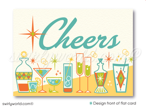 Cheers for the New Year! Transport yourself to a bygone era with our chic and swanky Happy New Year card, embracing the captivating charm of mid-century modern vintage style. This digital download brings nostalgia and whimsy to life, featuring an iconic MCM Cocktail Party motif adorned with captivating geometric shapes and starbursts.