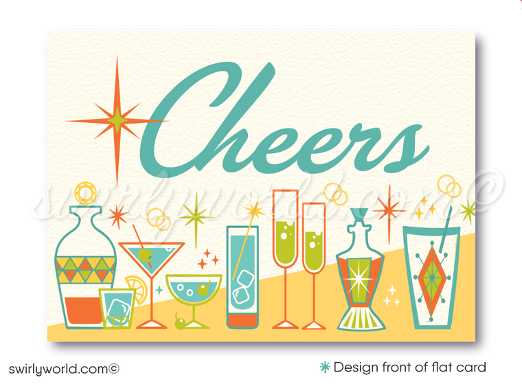 Cheers for the New Year! Transport yourself to a bygone era with our chic and swanky Happy New Year card, embracing the captivating charm of mid-century modern vintage style. This digital download brings nostalgia and whimsy to life, featuring an iconic MCM Cocktail Party motif adorned with captivating geometric shapes and starbursts.