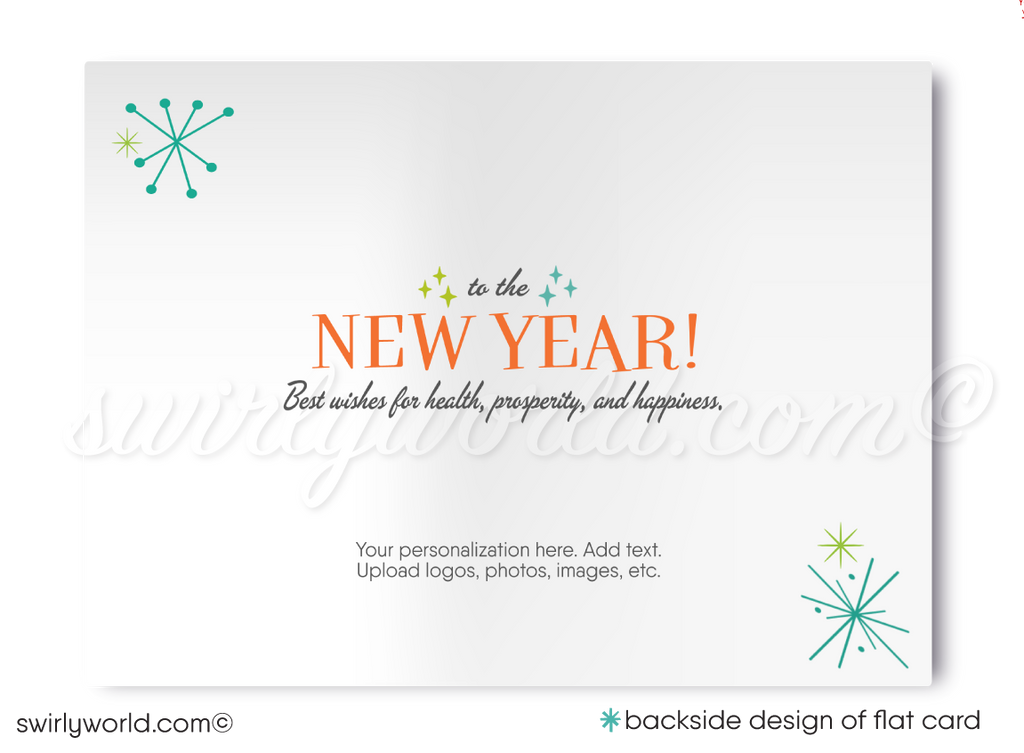 Mid-Century Modern Happy New Year Card – Customizable Retro Digital Download with MCM Cocktail Party Motif, Geometric Shapes, & Starbursts