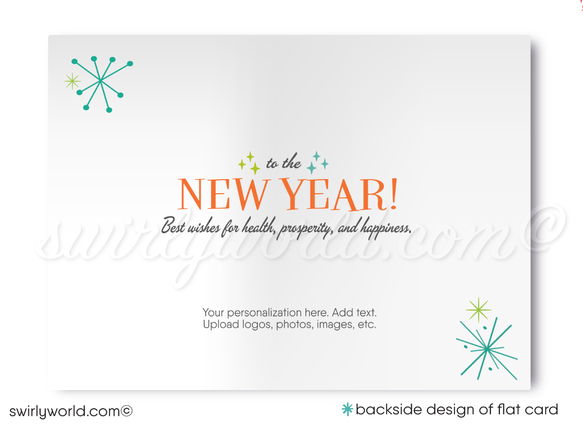 Cheers for the New Year! Transport yourself to a bygone era with our chic and swanky Happy New Year card, embracing the captivating charm of mid-century modern vintage style. This digital download brings nostalgia and whimsy to life, featuring an iconic MCM Cocktail Party motif adorned with captivating geometric shapes and starbursts.