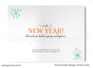 Mid-Century Modern Happy New Year Card – Customizable Retro Digital Download with MCM Cocktail Party Motif, Geometric Shapes, & Starbursts