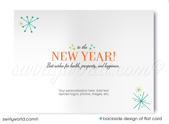 Cheers for the New Year! Transport yourself to a bygone era with our chic and swanky Happy New Year card, embracing the captivating charm of mid-century modern vintage style. This digital download brings nostalgia and whimsy to life, featuring an iconic MCM Cocktail Party motif adorned with captivating geometric shapes and starbursts.
