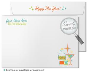 Mid-Century Modern Happy New Year Card – Customizable Retro Digital Download with MCM Cocktail Party Motif, Geometric Shapes, & Starbursts