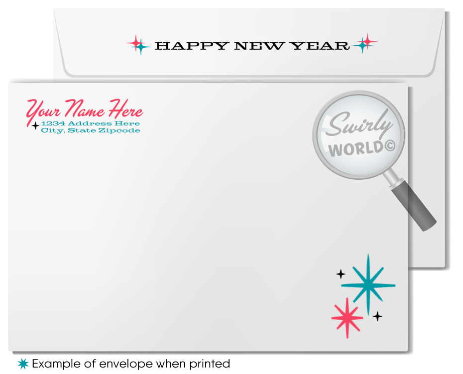 Retro Mid-Century Modern Happy New Year Card – 2025 Design with Dapper Gentleman & Bold Red Typography