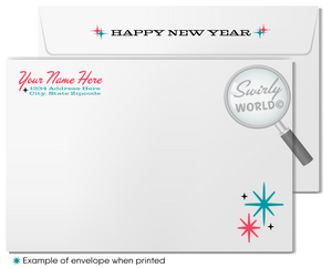 Retro Mid-Century Modern Happy New Year Card – 2025 Design with Dapper Gentleman & Bold Red Typography Digital File Download