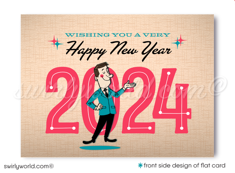 2024 Mid-Century Retro Modern Happy New Year Cards Card Digital File Download
