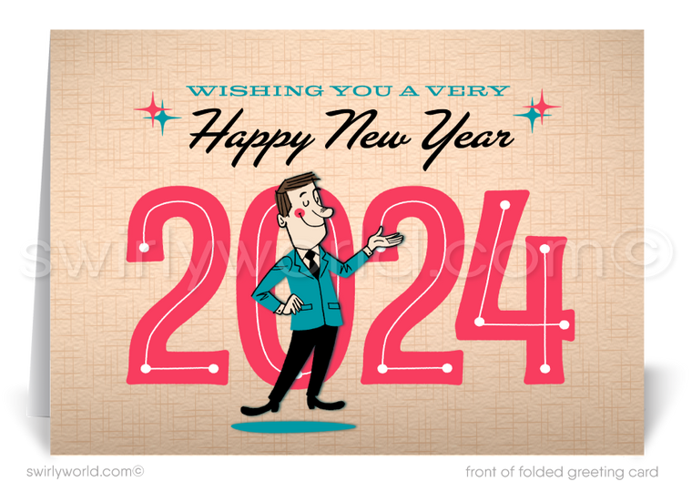 2024 Mid-Century Retro Modern MCM Vintage Happy New Year Greeting Cards