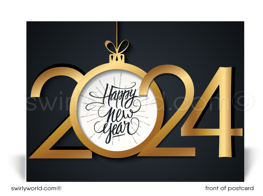 2024 Business Gold and Black Professional Happy New Year Postcards for Clients