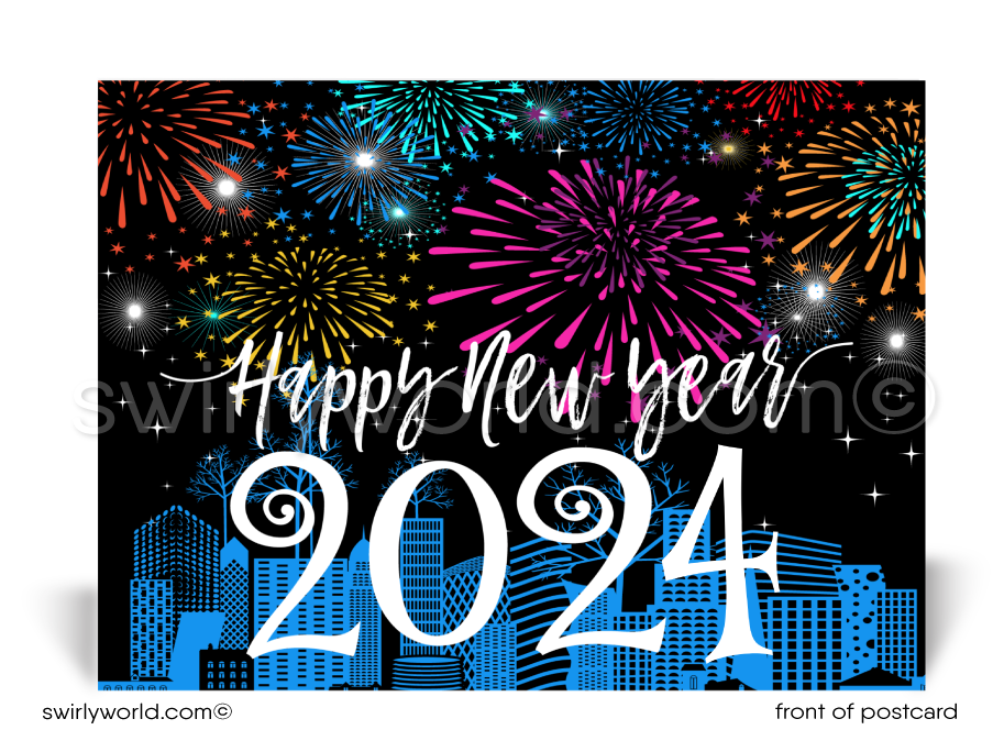 2024 Fireworks Celebration Business Happy New Year Postcards for Clients